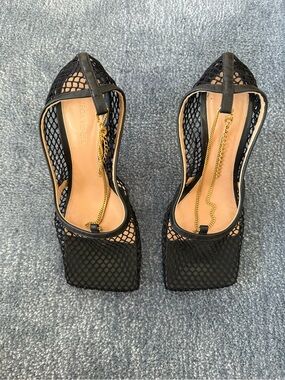 Bottega Veneta Black Mesh Square-Toe Slingback Heels with Gold Chain